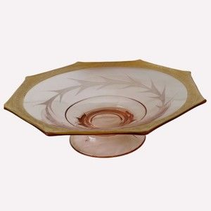 Vintage Pink Glass Octagon Pedestal Compote 22k Gold Trim Fine Etched